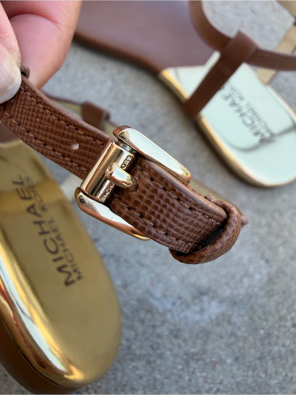 Michael Kors Brown and Gold Leather Thong Sandals - Picture 4 of 6